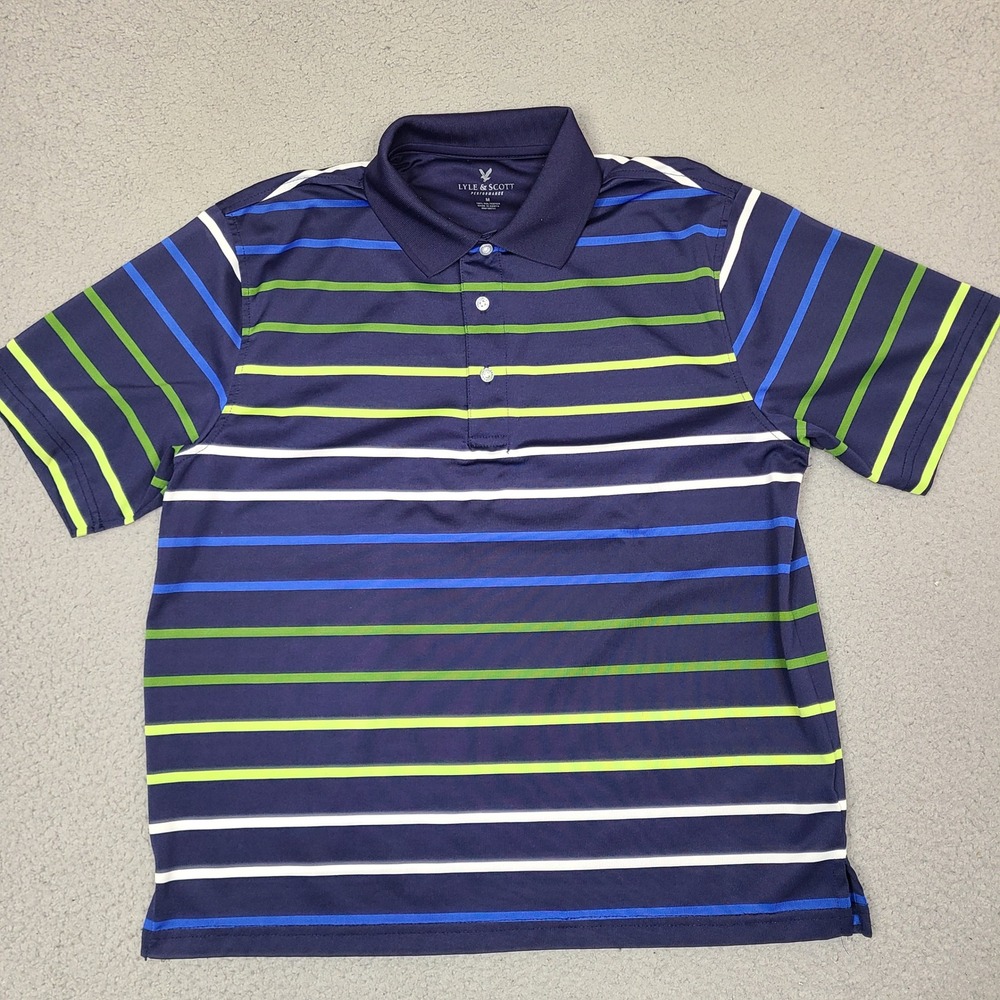 Lyle & Scott Performance Golf Polo Shirt Mens‎ Medium Navy Blue Striped
